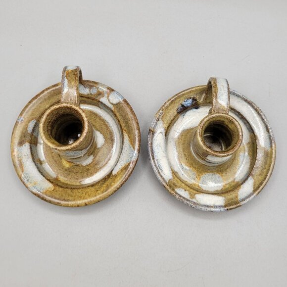 Handcrafted Pottery Taper Candle Holders Pair Stoneware Chambersticks Rustic - Picture 5 of 8